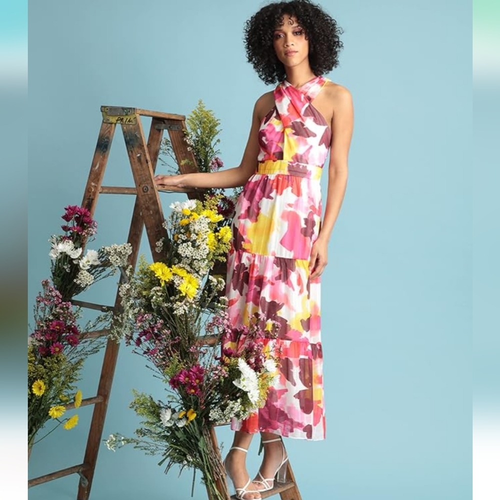 NWT Maggy London Criss-Cross Halter Tiered Maxi Dress, Size 10 - Picture 4 of 17